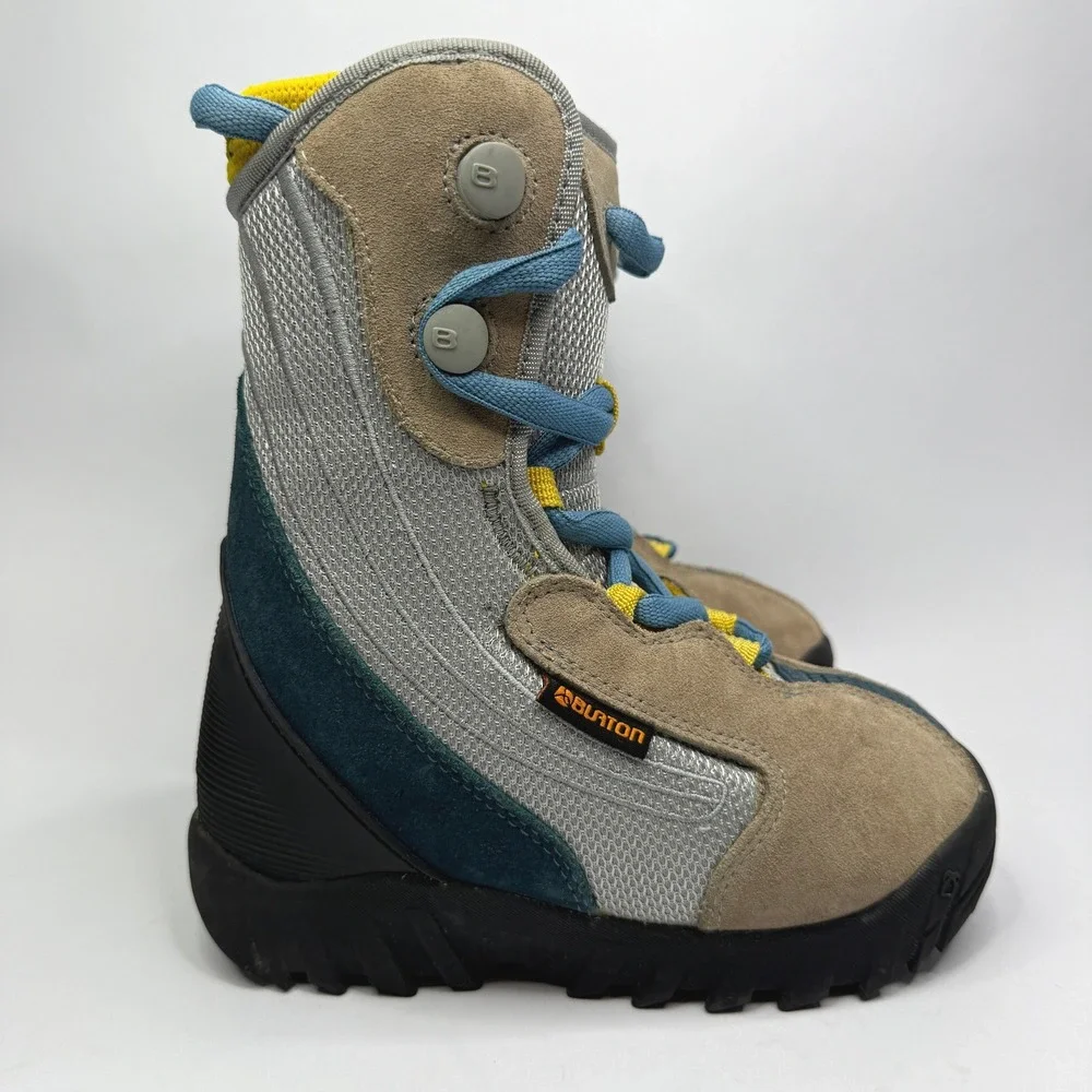 Burton Moto Snowboard Boots Kids 2 Gray Blue Tan Lace Up Winter Sports